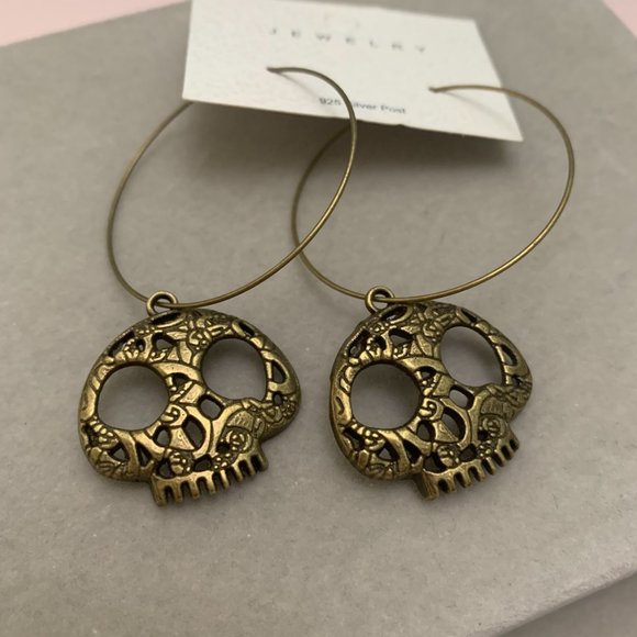 SpookySkull Halloween Antique Bronze Hoop Earrings - Picture 1 of 8